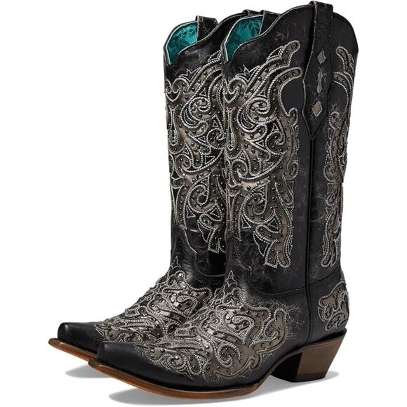 Corral Shoes - Corral Women's Size 7 Black Studded Silver Inlay Snip Toe Western Boots Z5174